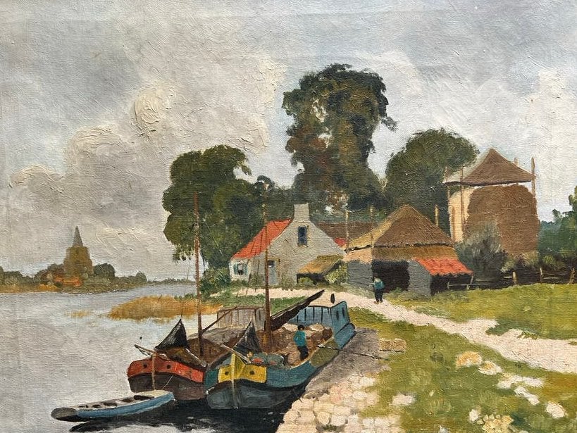 Oud Hollands landschap schilderij met boten en huizen, Ophalen