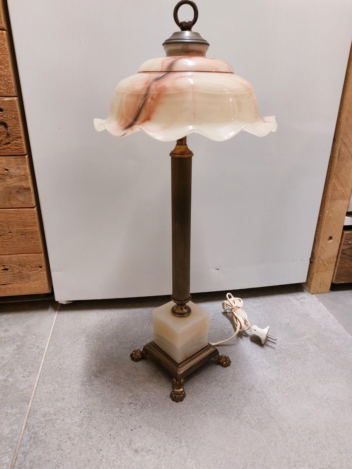 Vintage retro  art deco kolomvoet lamp opaline marmer, Gebruikt, Ophalen of Verzenden, Metaal, Minder dan 50 cm