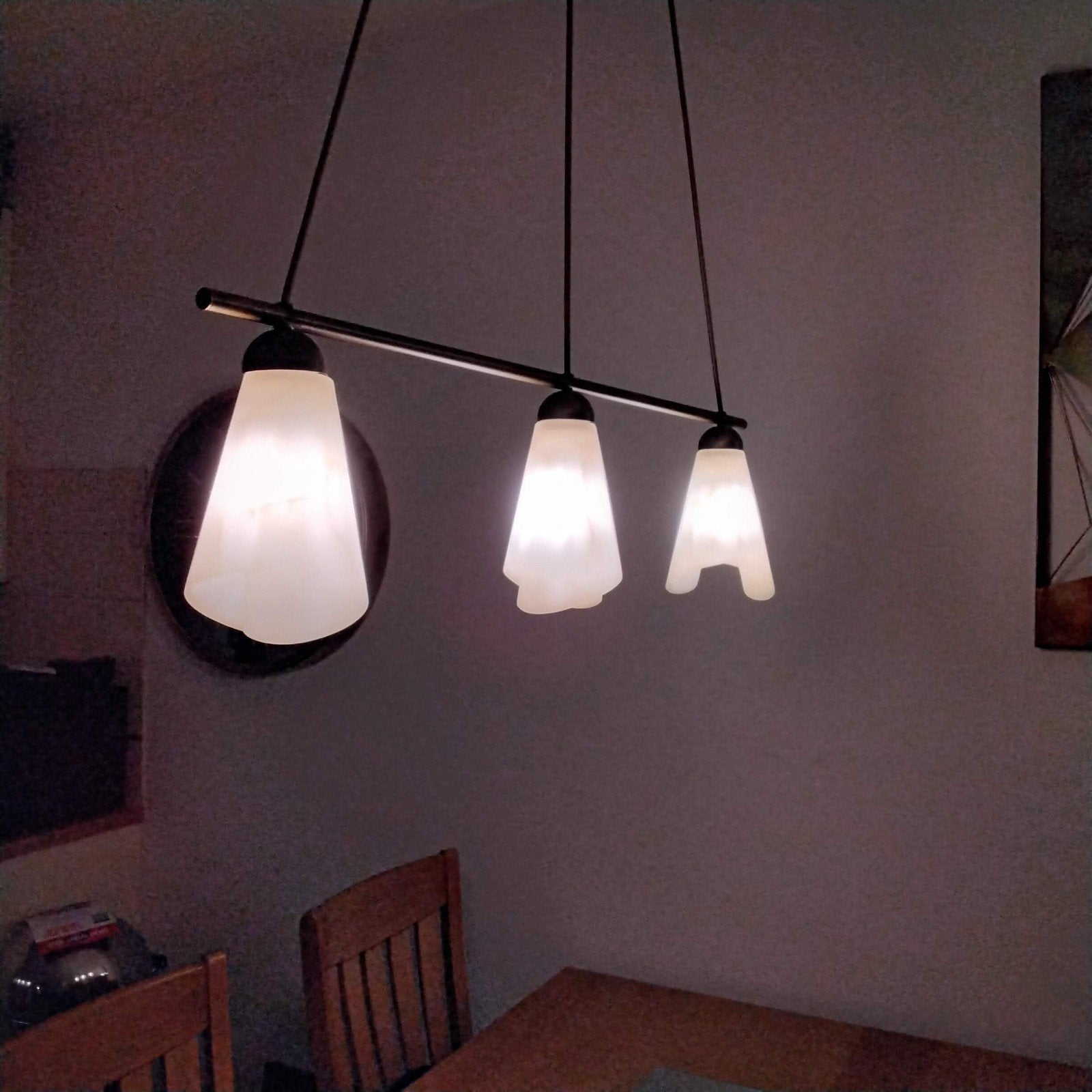 Mooie hanglamp met glazen kapjes in barnsteen kleur, Ophalen, Gebruikt, Glas, E14 (klein)