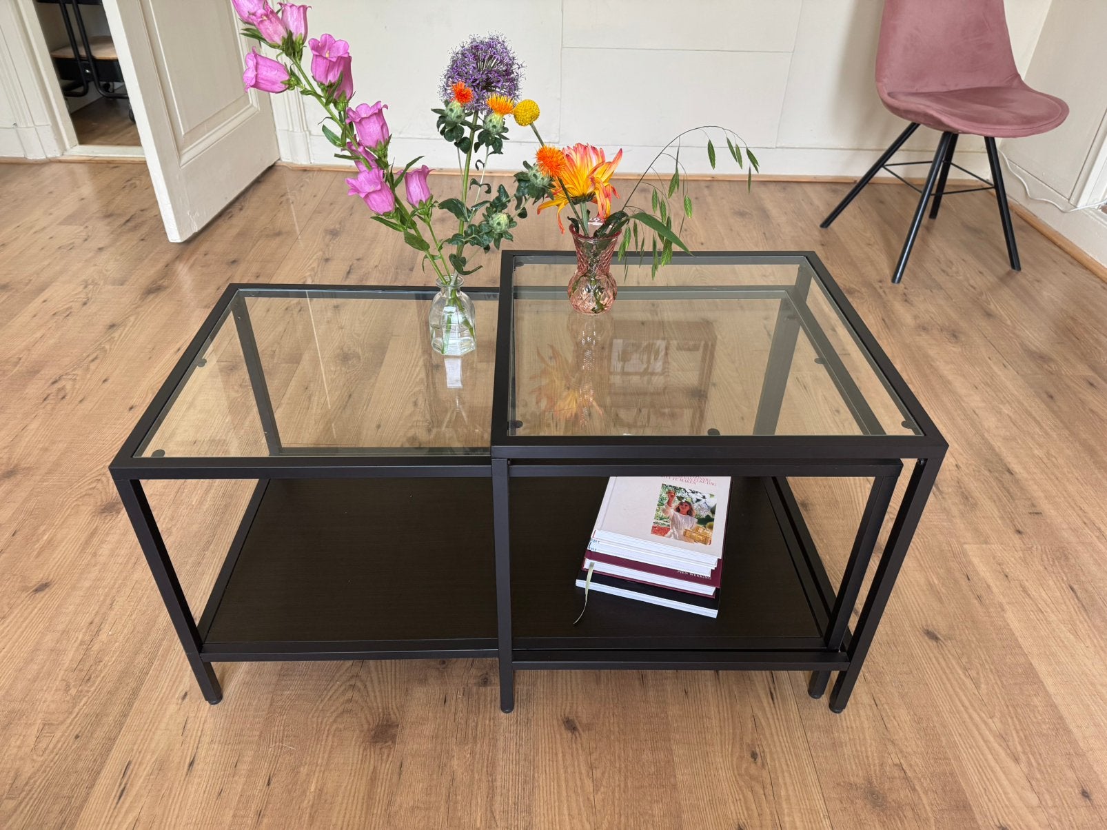 2-delige salontafel, Ophalen, 100 tot 150 cm, Glas, Zo goed als nieuw