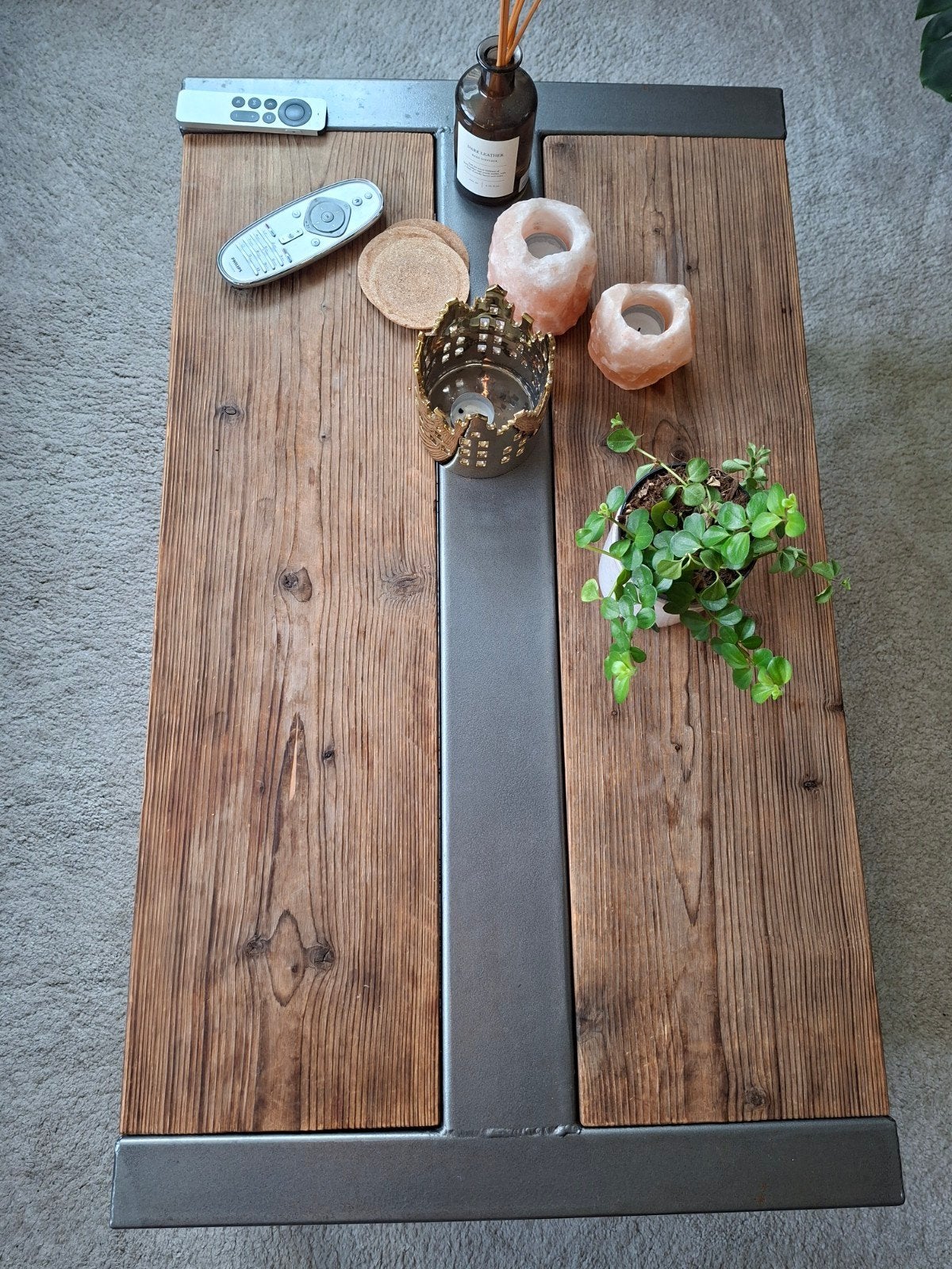 Industriële salontafel van hout en metaal (57x97x41 cm), Gebruikt, 50 tot 100 cm, 50 tot 100 cm, Industrieel