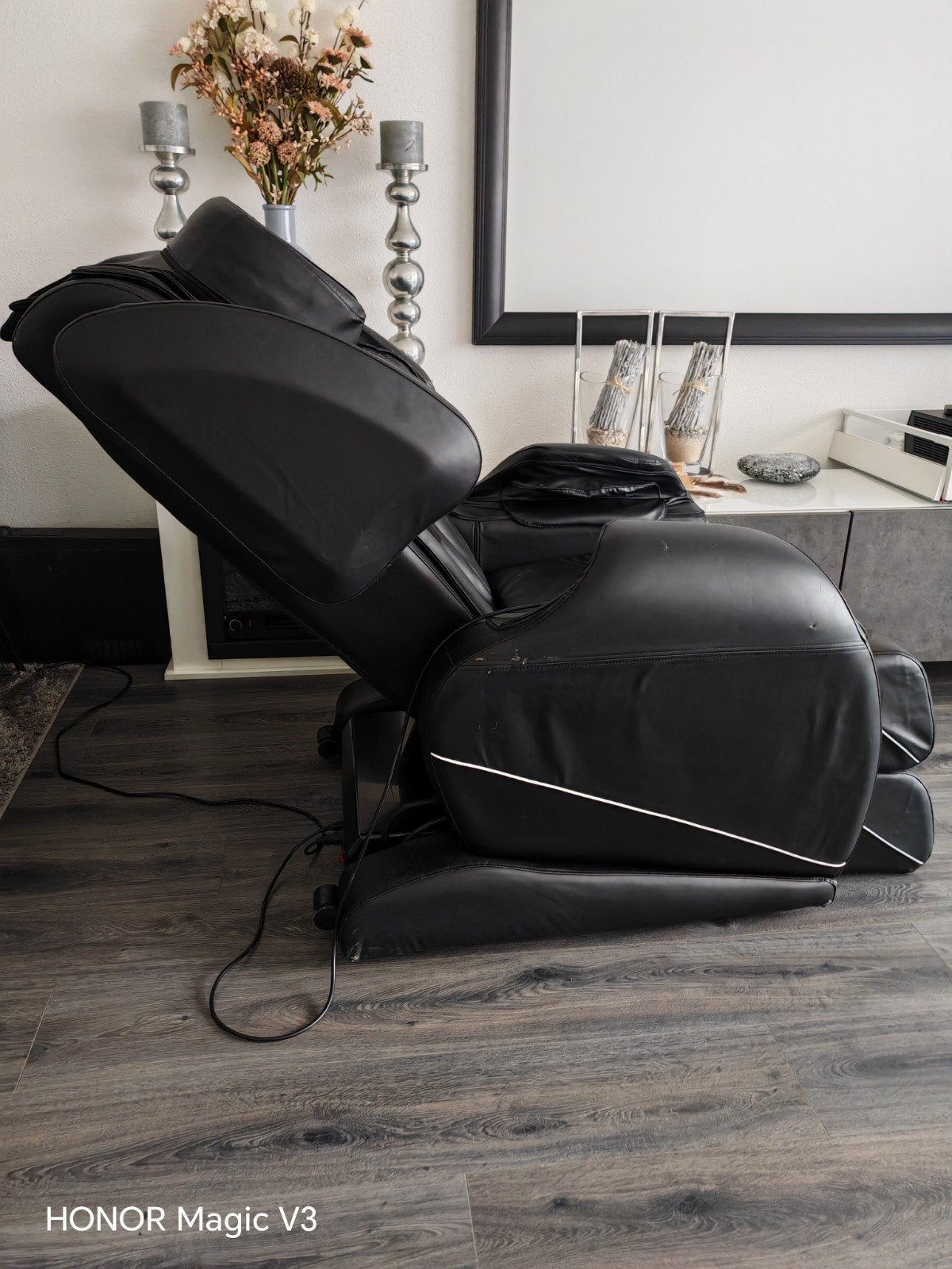 Massagestoel Zwarte Massagefauteuil met Afstandsbediening, Huis en Inrichting, Ophalen, Gebruikt, Zwart, Leer