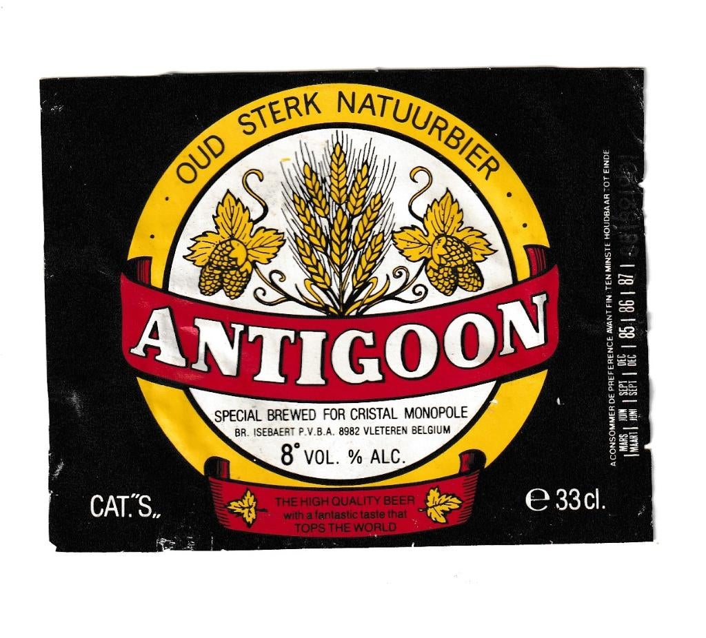 Bieretiket  Antigoon - Brouwerij Isebaert, Vleteren - België, Verzamelen, Biermerken, Ophalen of Verzenden, Zo goed als nieuw