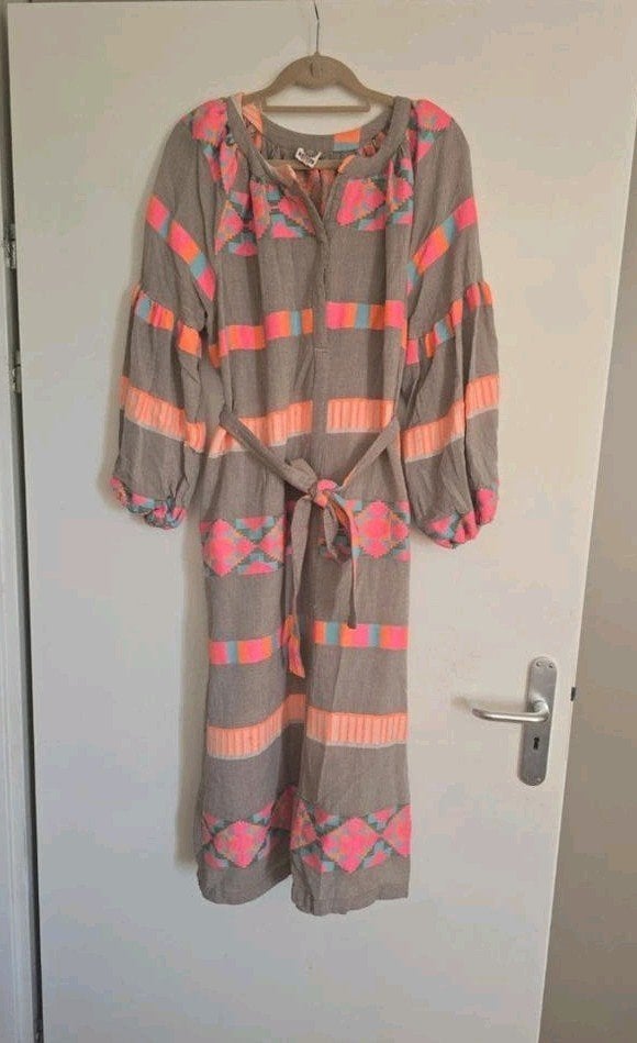 Ibiza jurk beige Katoen met felle kleuren, Ophalen of Verzenden, Zo goed als nieuw, Beige, Onder de knie
