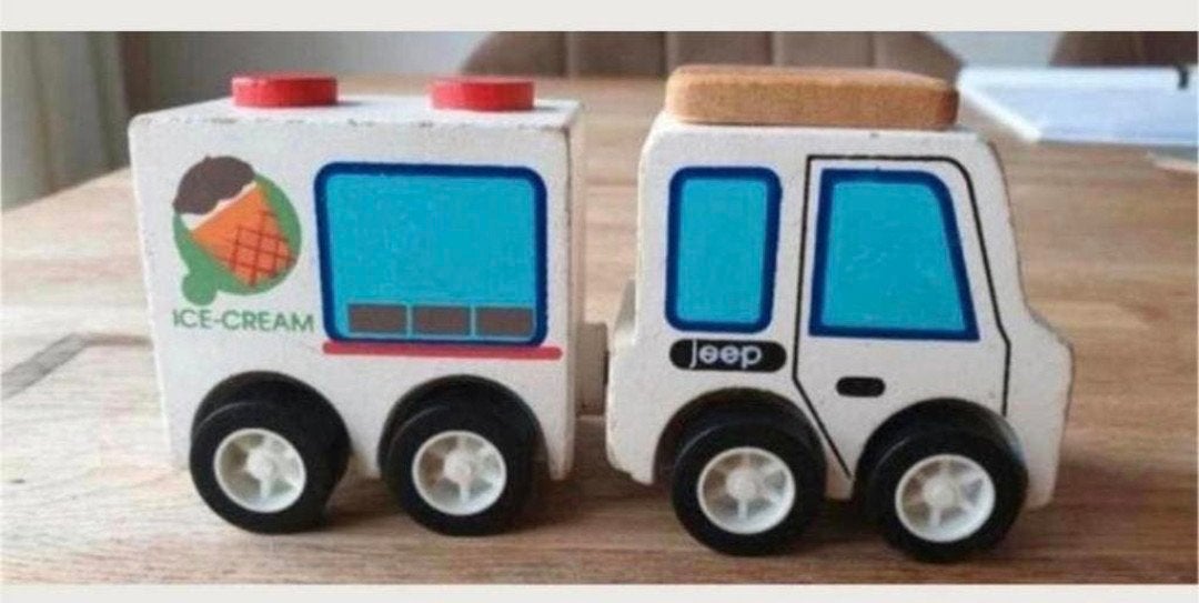 Houten Jeep met ijscokar – trekvoertuig – leuk speelgoed, Ophalen of Verzenden, Zo goed als nieuw