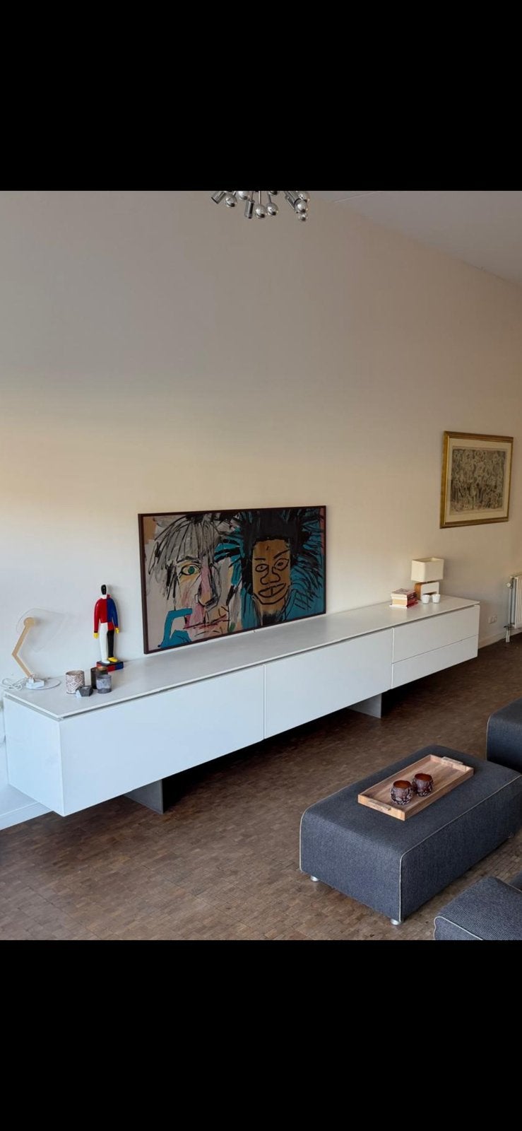 Wit design dressoir op RVS poten met blad van Corian, Ophalen, Zo goed als nieuw, 200 cm of meer, Met deur(en)