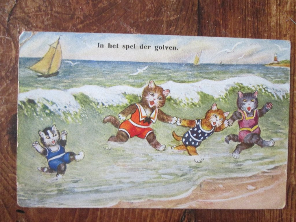 poezen katten poes kat strand humor zee, Verzamelen, Ophalen of Verzenden, Voor 1920, Gelopen, Overige thema's