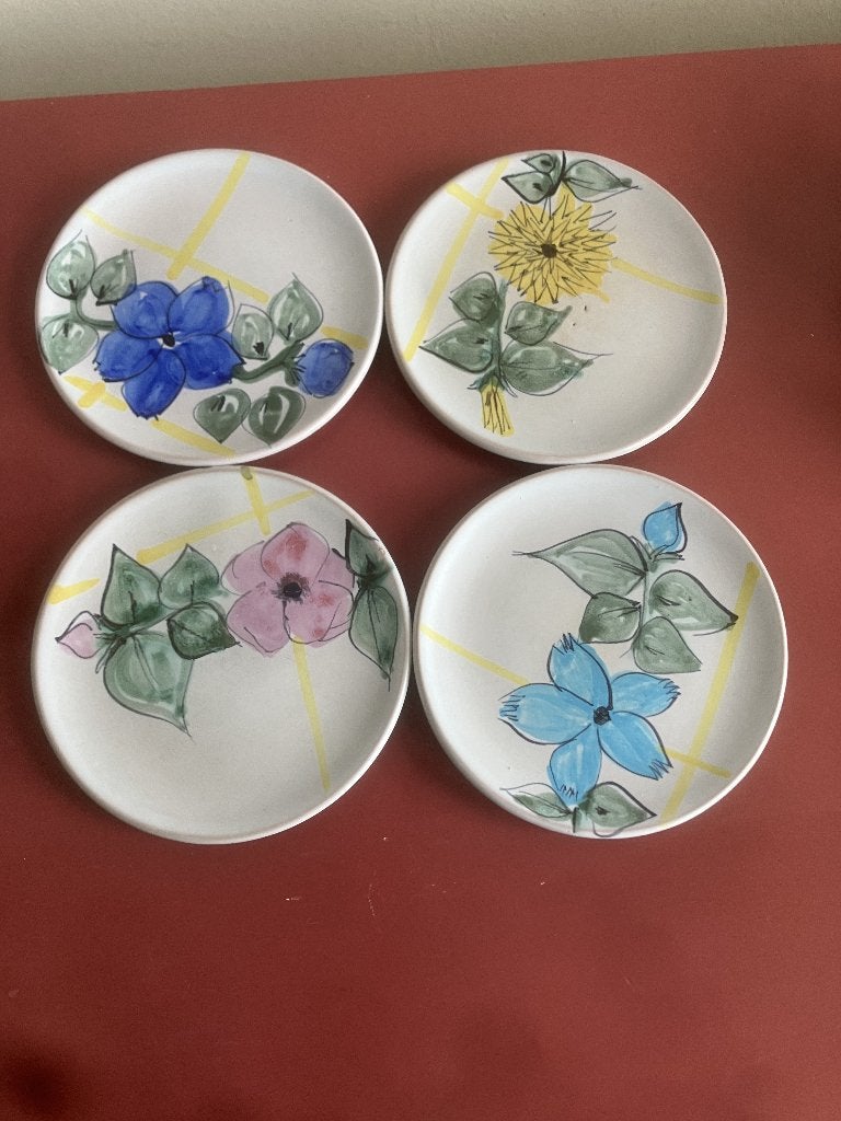 4 Retro gebakschoteltje met gele strepen en bloemen, Keramiek, Ophalen of Verzenden, Zo goed als nieuw, Bord(en)