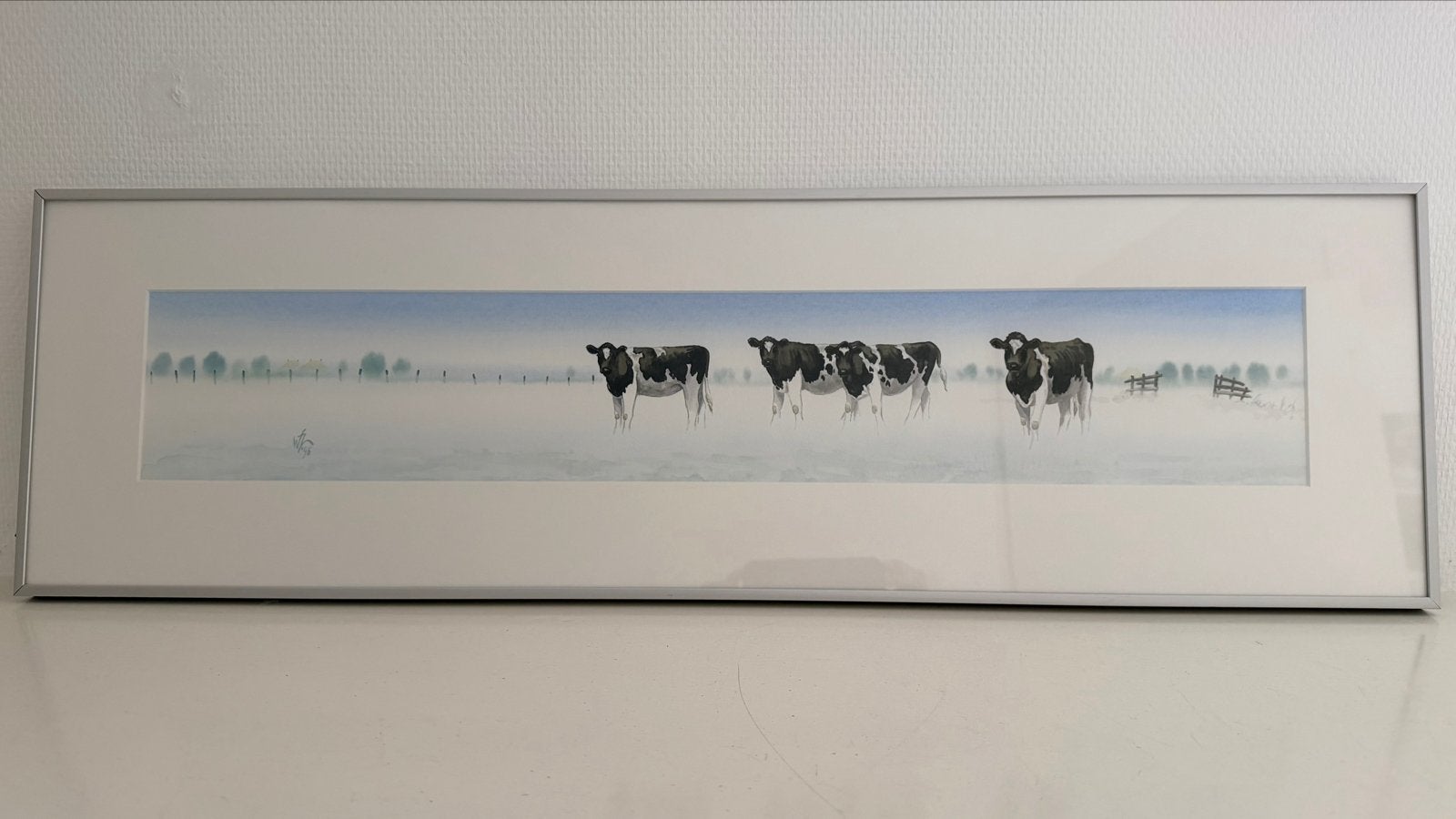 Aquarel Koeien in de mist - Wiebe van der Zee, Ophalen, Gedateerd, Realistisch, Dieren