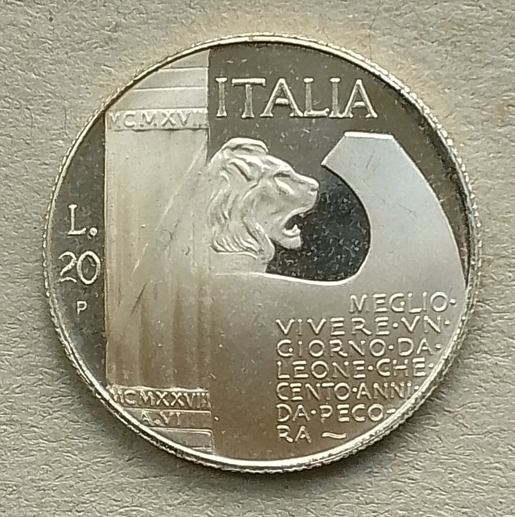 Italië, 20 lire 1928 Mussolini. Fantasiemunt., Ophalen of Verzenden, Overige materialen, Buitenland