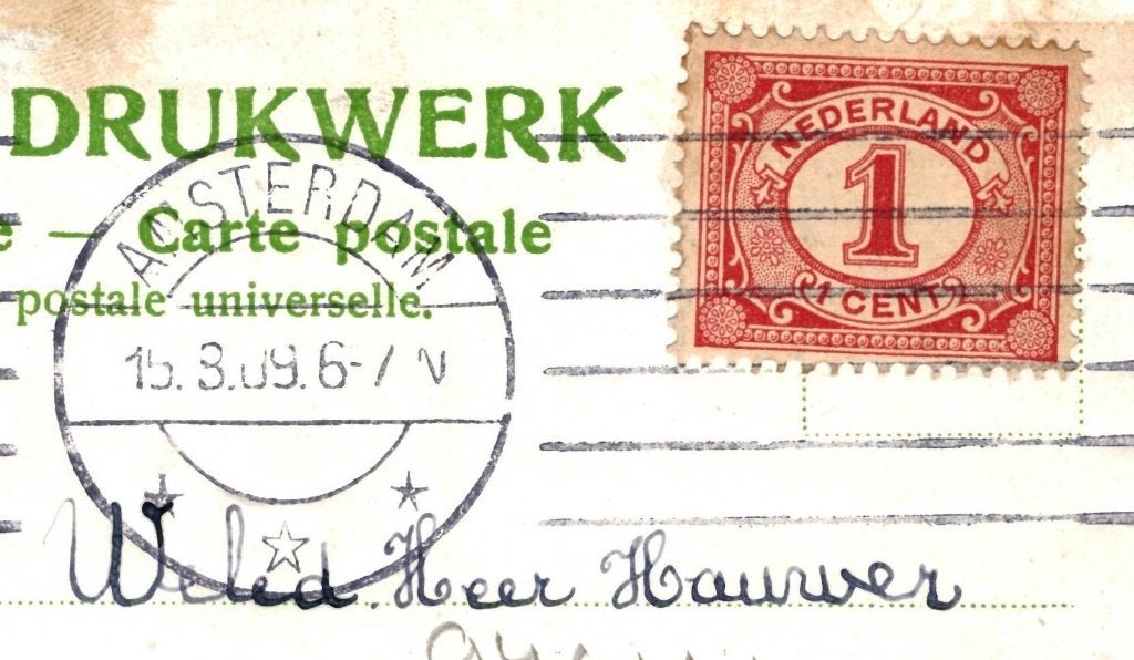 940144	Amsterdam	Fontein	Frederiksplein	1909	Gelopen, Ophalen of Verzenden, Voor 1920, Gelopen, Noord-Holland