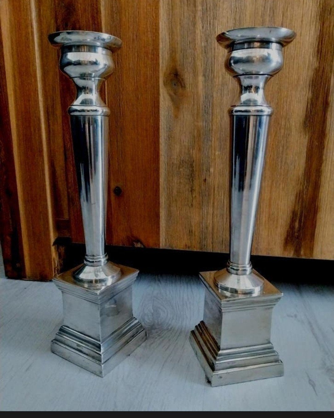 Set van 2 zilverkleurige kandelaars -, Ophalen of Verzenden