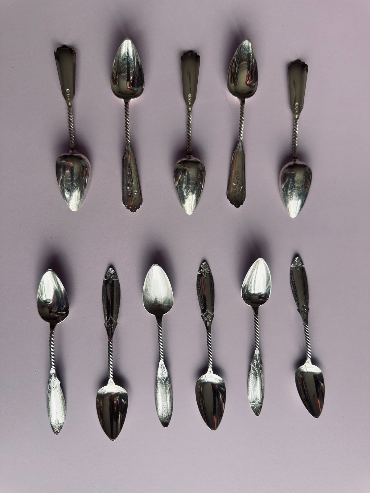 Antieke zilveren theelepels met gedraaide steel, set van 12, Ophalen of Verzenden