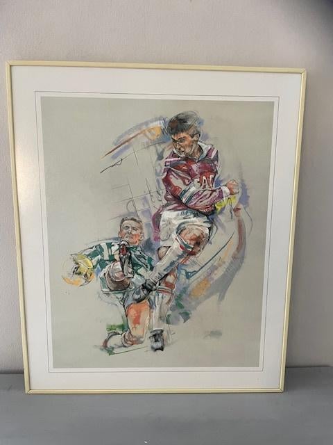 Sport aquarel Twan Vorstenbosch. Voetbal / voetballer., Ophalen