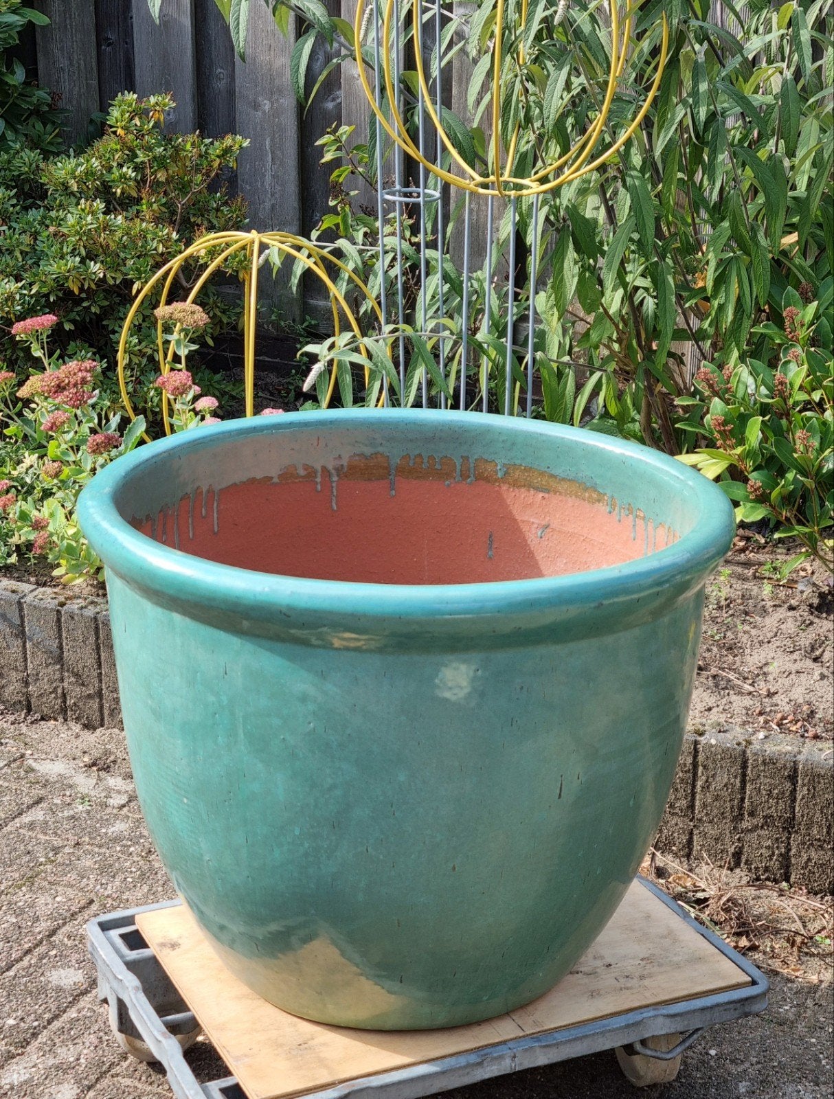 zéér grote PLANTENBAK  58 CM  oud groen, Tuin en Terras, Ophalen, Steen, Minder dan 60 cm, Rond