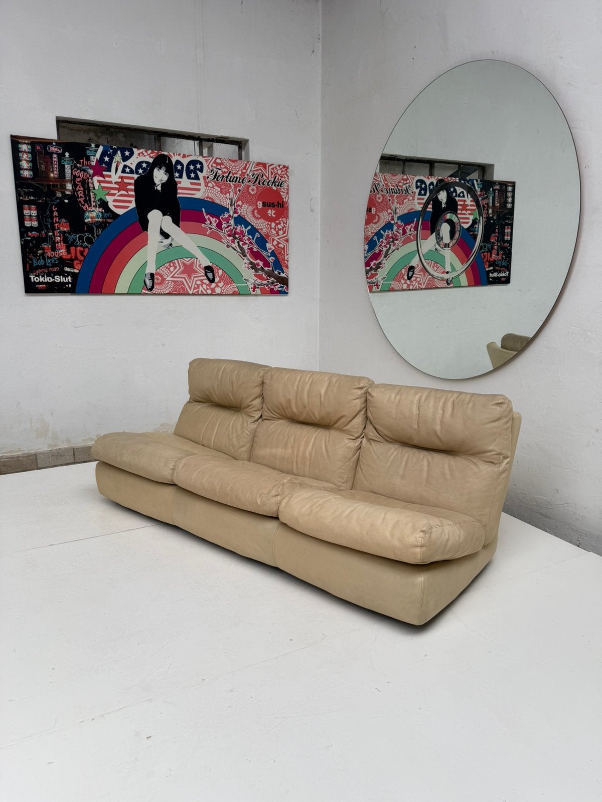 Vintage jr 70 sofa 3 zits creme leder design NURIGARAGE, Ophalen, Zo goed als nieuw, 75 tot 100 cm, 200 tot 250 cm