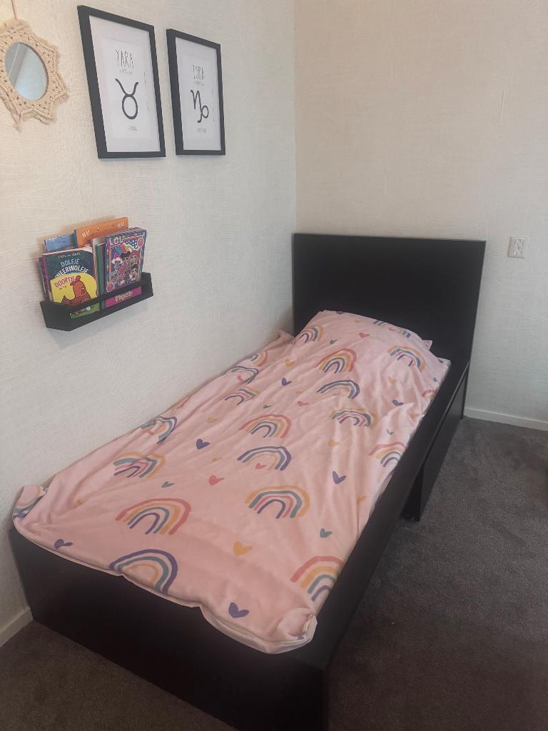 Malm bed 1-persoons zwartbruin (2 stuks), Ophalen, 90 cm, Eenpersoons, Zwart