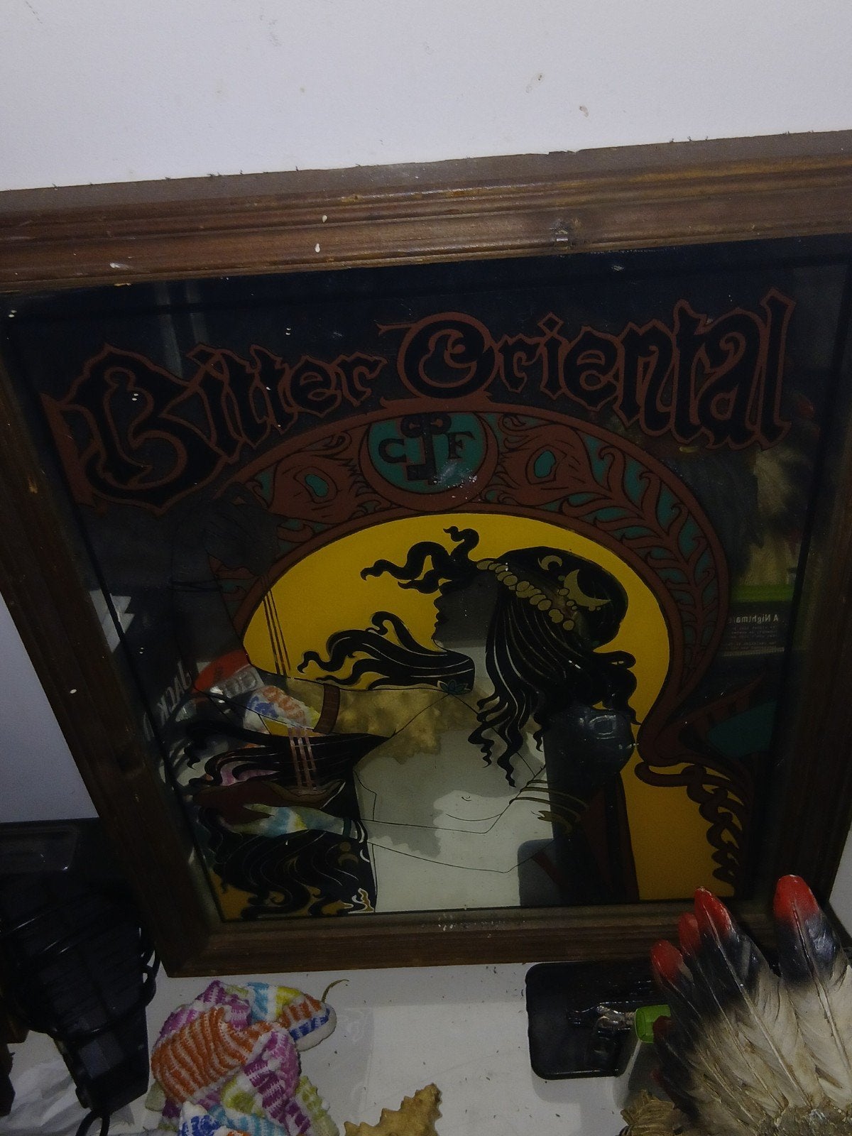 Vintage Bitter Oriental spiegel in houten lijst, Antiek en Kunst, Ophalen of Verzenden, Rechthoekig, 50 tot 100 cm