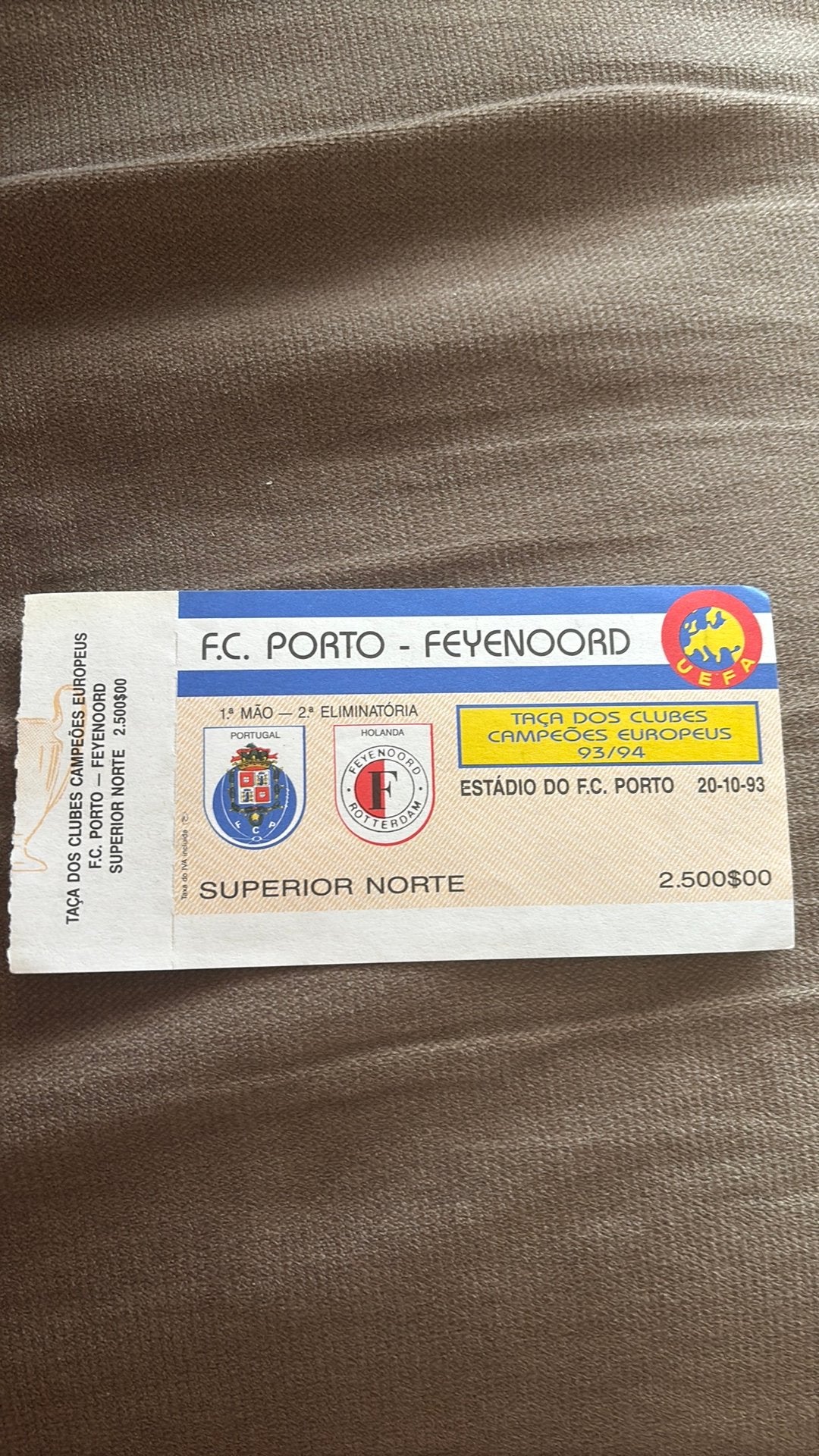 Oud stadionticket Feyenoord porto 1993, Ophalen of Verzenden, Feyenoord