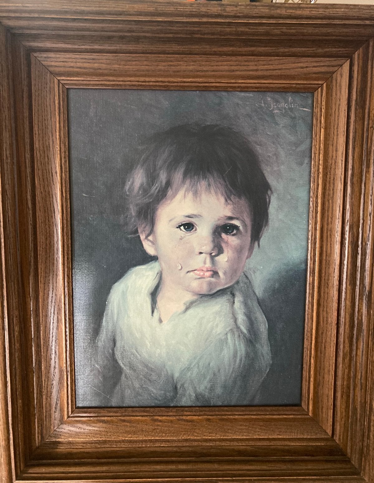 Schilderij huilend kind | eiken lijst | Jaren 60-70, Ophalen of Verzenden, Vintage, Portret of Personen