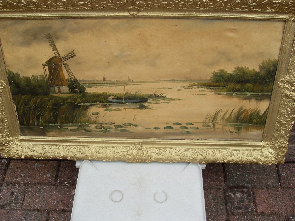 schilderij molen in het landschap, Antiek en Kunst, Ophalen of Verzenden, Ingelijst, Landschap