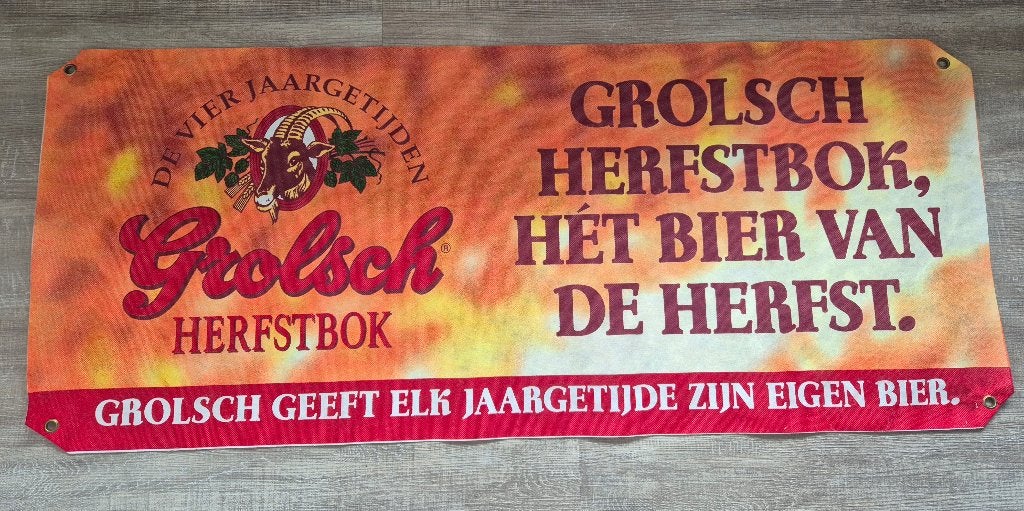 Te koop: Grolsch spandoek Herfstbok, Verzamelen, Biermerken, Ophalen of Verzenden, Zo goed als nieuw, Overige typen, Grolsch