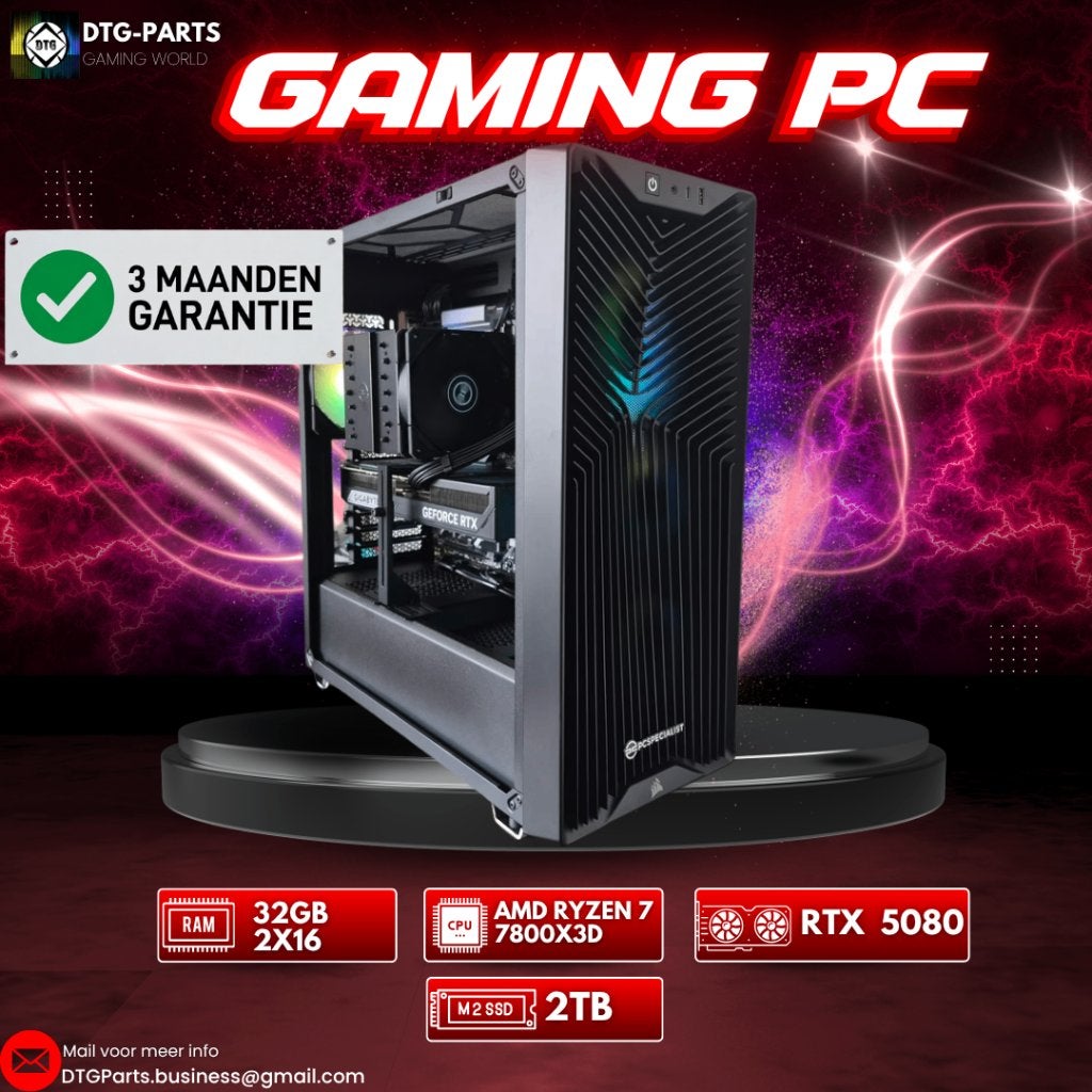 Gaming PC // RTX 5080 & AMD 7 7800X3D, 7604 HM, 32 GB, DTGParts.Business@gmail.com, Zelf gebouwde pc