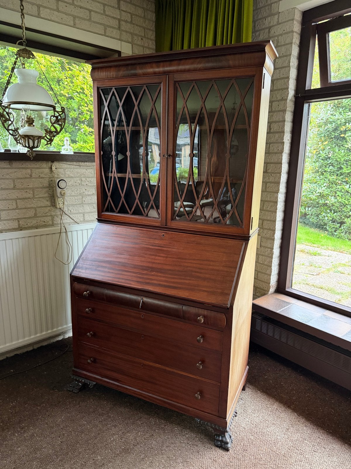 Antiek Mahonie Secretaire Boekenkast met Ladeblok, Ophalen