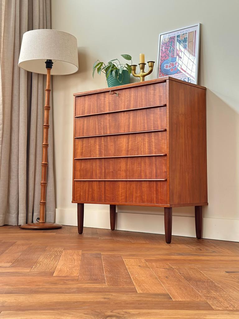 Vintage ladekast teak hout jaren 50/60 Deens Scandinavisch, Ophalen, Gebruikt, 5 laden of meer, Teakhout