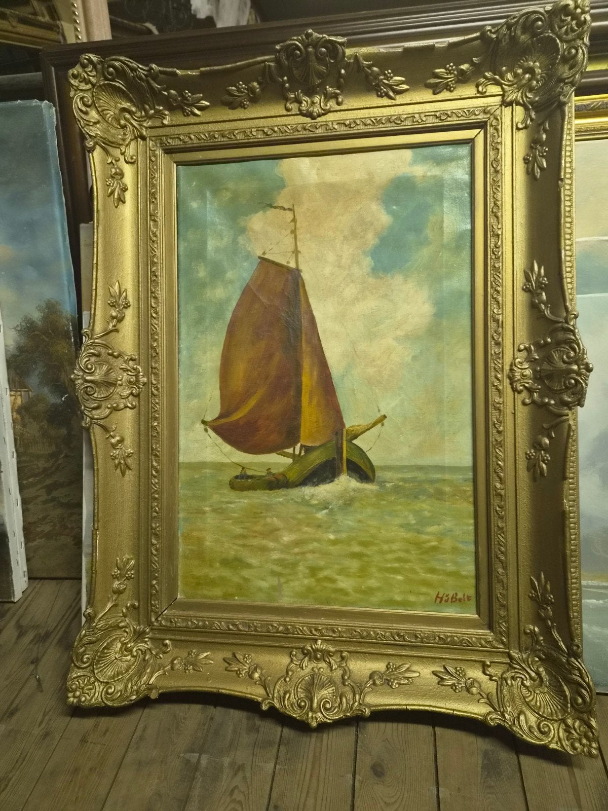 Maritiem schilderij van H.J. Bolt - Zeilboot op woelige zee, Antiek en Kunst, Ophalen of Verzenden