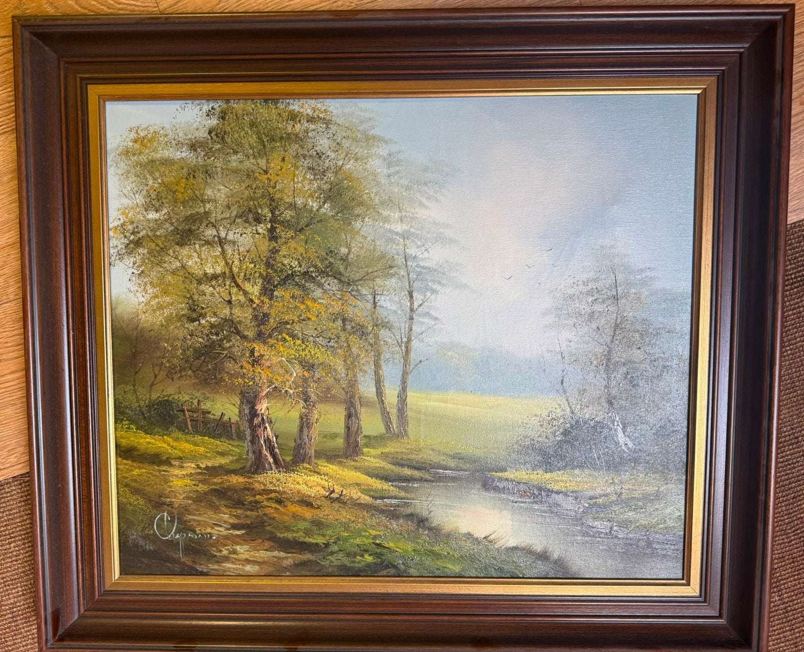 Schilderij: Landschap met beek en bomen, gesigneerd, Doek, Realistisch, Origineel werk, Ophalen of Verzenden