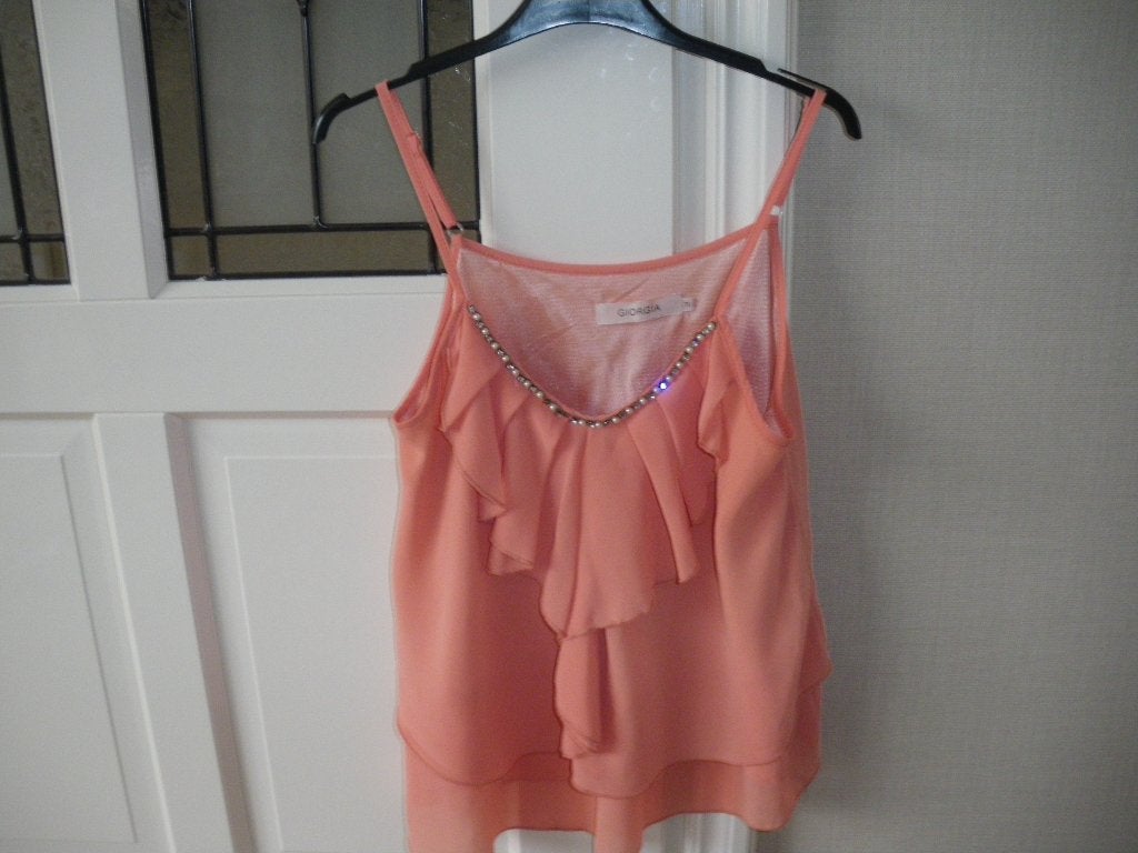 leuk oranje zomer topje rouges/siersteentjes giorgia mt 40, Kleding | Dames, Ophalen of Verzenden, Zo goed als nieuw, Maat 38/40 (M)