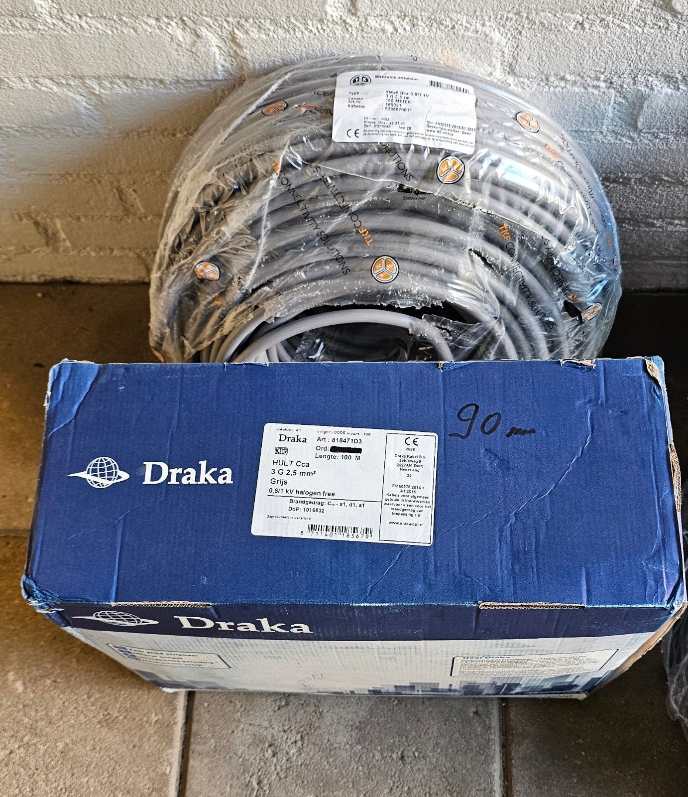Draka en TFK YMVK Dca 3x2.5mm² kabel - 190 meter, Doe-het-zelf en Verbouw, Elektra en Kabels, Ophalen, Nieuw, Kabel of Snoer