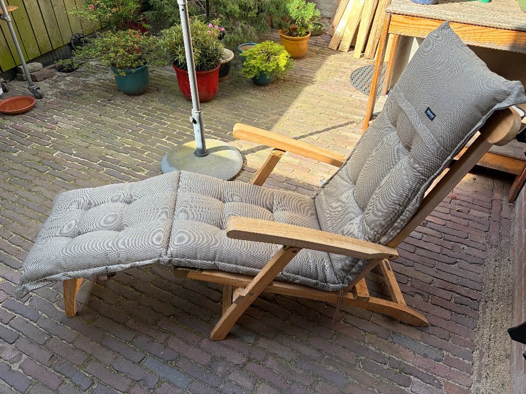 Deckchair – Teakhout - Inklapbaar – met luxe kussen, Ophalen, Zo goed als nieuw, Teakhout, Verstelbaar