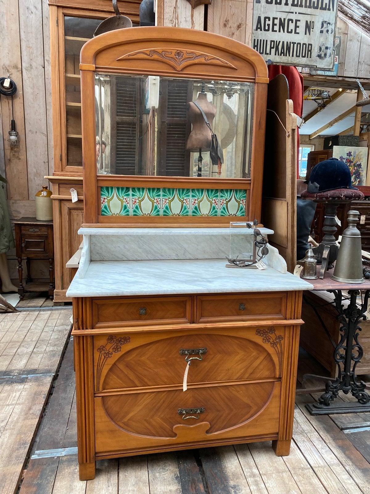Art Nouveau commode kast met marmer en spiegel, Ophalen