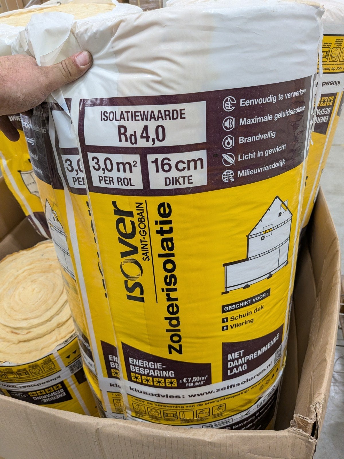 ISOVER Zolderisolatie Glaswol 16 cm dikte, 3 m² per rol, Ophalen, Vloerisolatie, 12 cm of meer, Nieuw