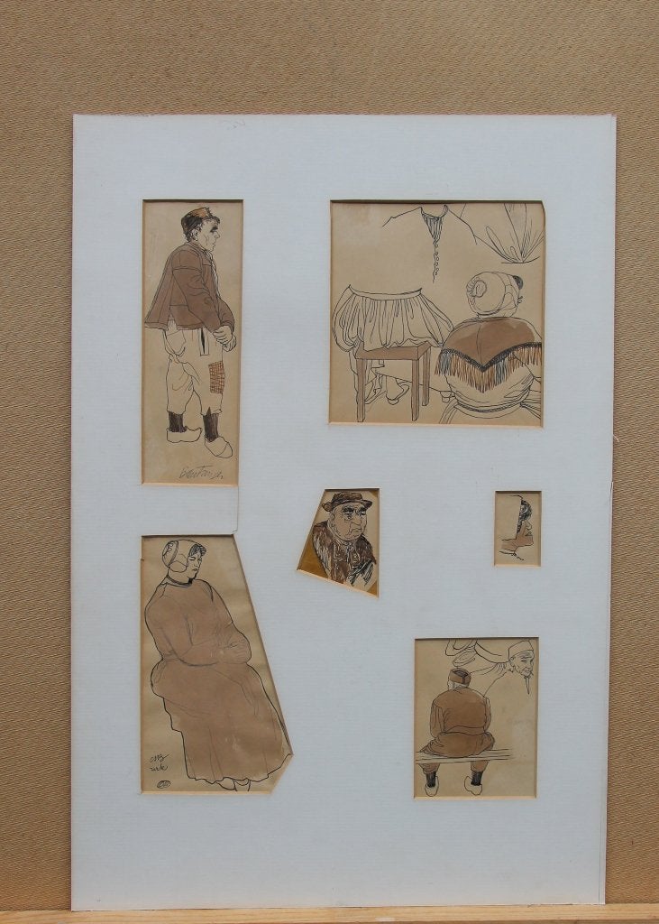 Collage van figuren in klederdrachten door Cees Bantzinger, Met passe-partout, Portret of Personen, Realistisch, Ophalen of Verzenden