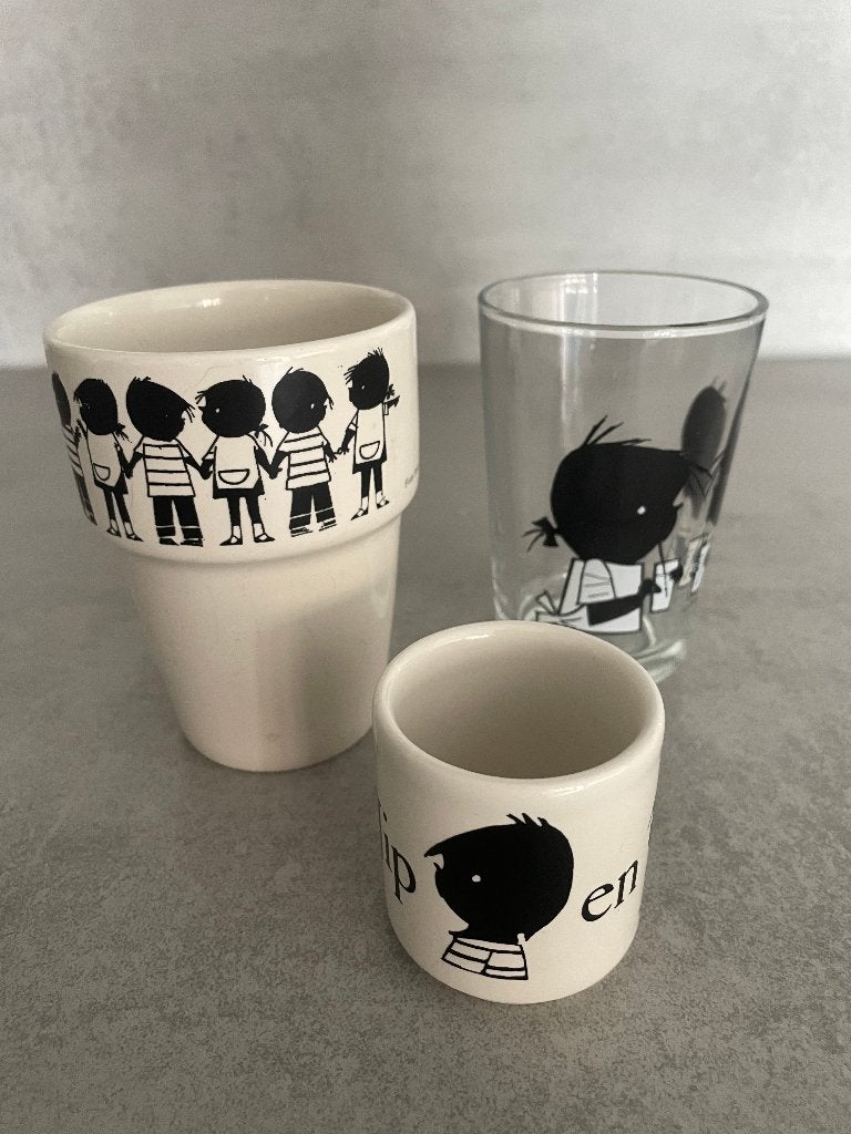 Vintage Jip en Janneke beker, glas en eierdop, Glas of Glazen, Ophalen of Verzenden, Overige stijlen, Glas