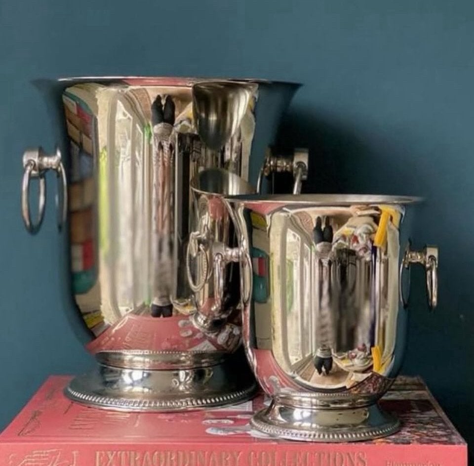 Guy Degrenne vintage set van RVS champagnekoeler en ijemmer, Ophalen of Verzenden, Overige materialen, Overige stijlen