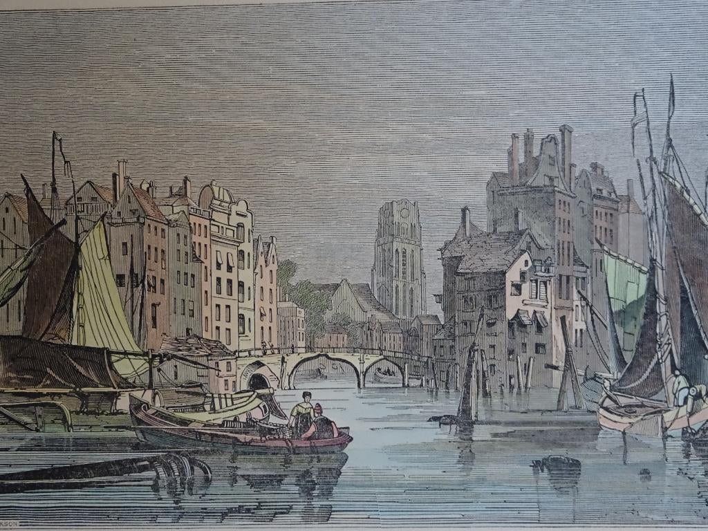 staalgravure Rotterdam haven Laurenskerk J.Jackson 19e eeuw, Antiek en Kunst, Kunst | Etsen en Gravures, Verzenden, Gravure, Origineel