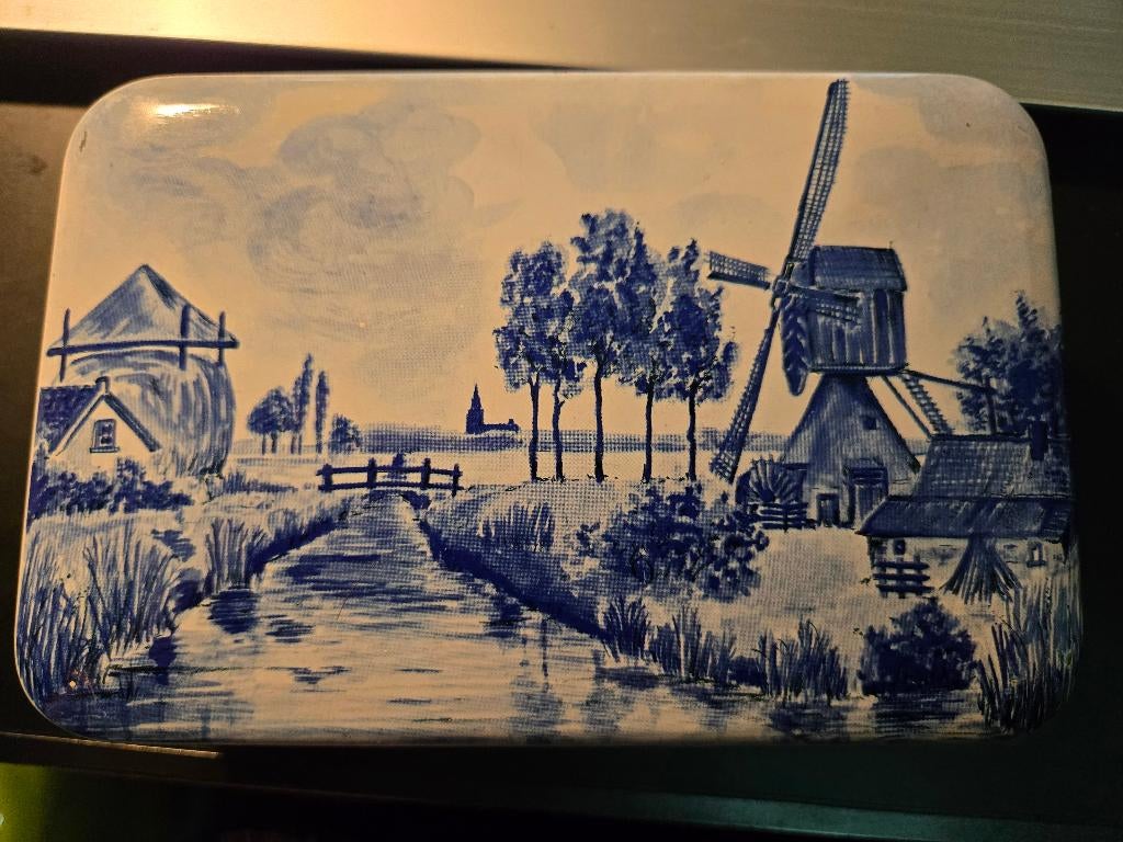 Vintage koektrommel Patria, blauw-witte Delftse molens, Verzamelen, Blikken, Ophalen, Gebruikt, Koek(jes), Overige merken