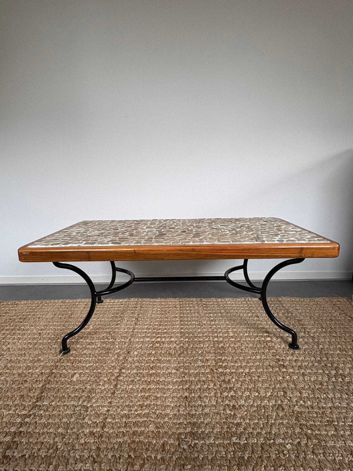 Vintage salontafel Terre d’azur| beuken hout | natuursteen, Ophalen, 100 tot 150 cm, 50 tot 100 cm, Zo goed als nieuw