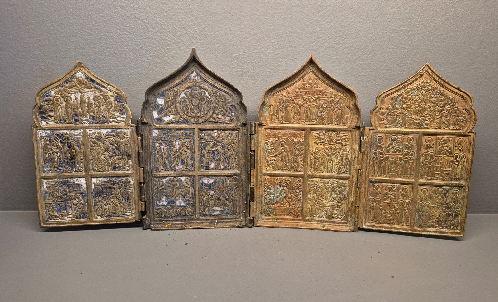 Antieke Russische Bronzen 4 luik icoon - 40.5 CM, Ophalen of Verzenden