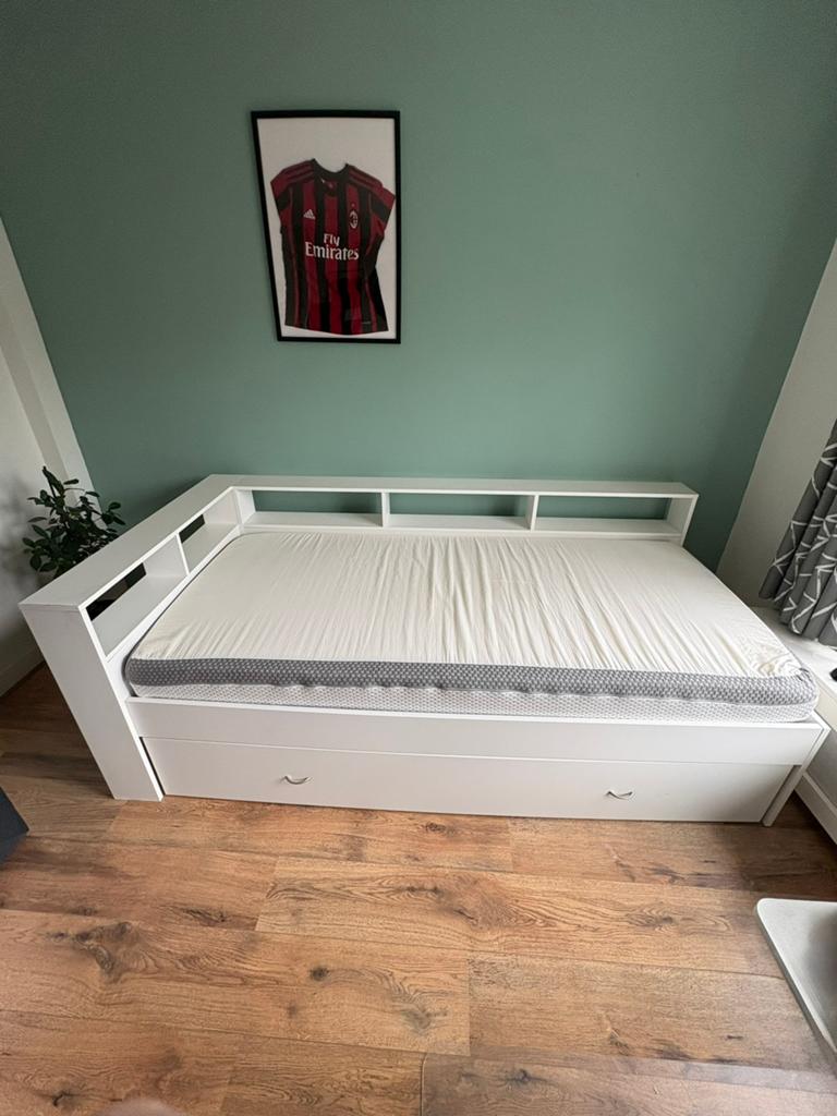 Bed(90x200) met wellpur f85 matras, Ophalen, 90 cm, Eenpersoons, Wit