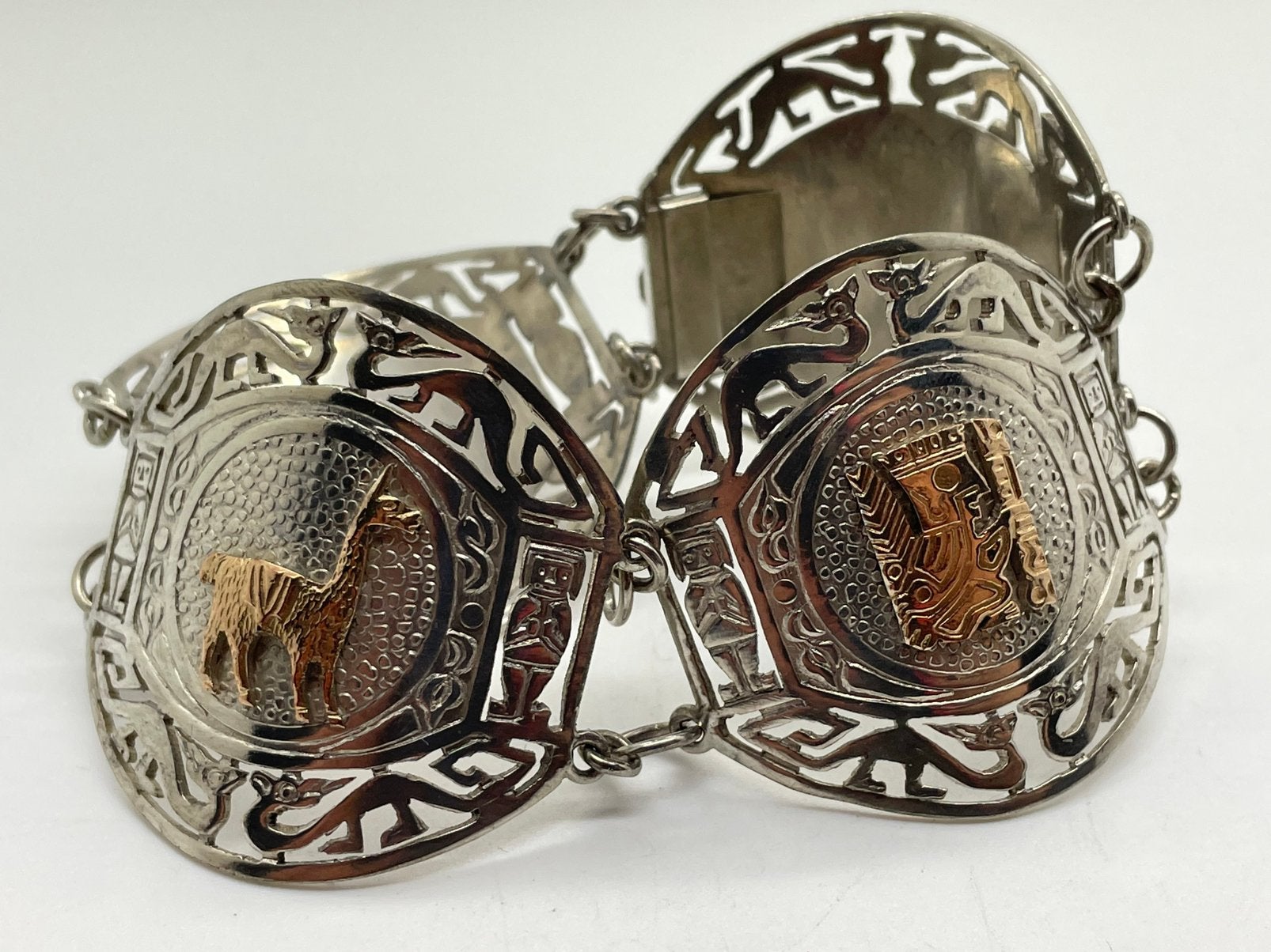 F325 Prachtige zilveren Peruaanse Inca armband 18k goud, Ophalen of Verzenden, Zo goed als nieuw, X, Goud