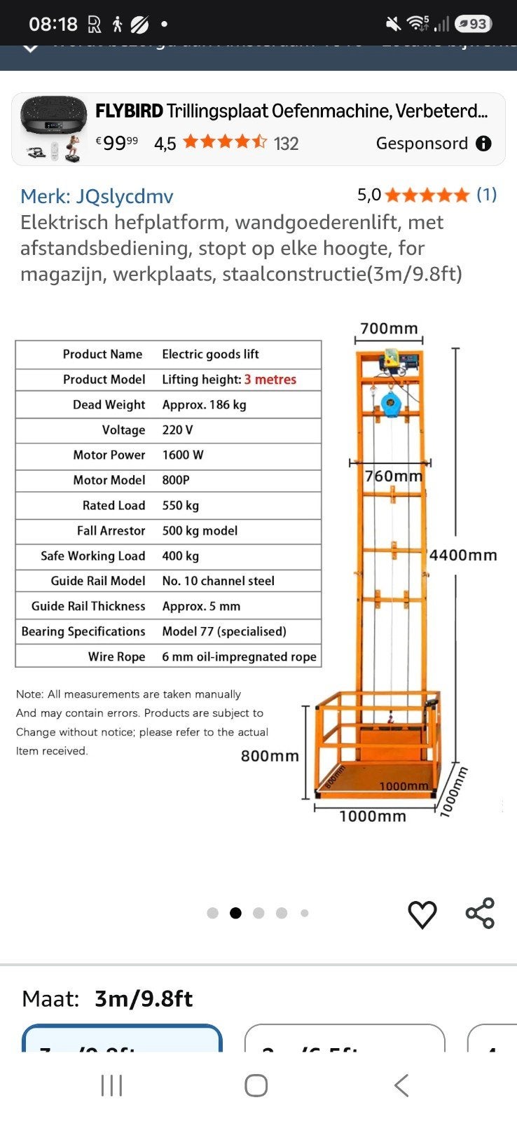 Elektrische Goederenlift - 3m Hefhoogte, 400kg Draagvermogen, Ophalen