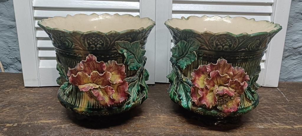 Set Majolica/Barbotine bloempotten met bloemdecoratie, Ophalen of Verzenden