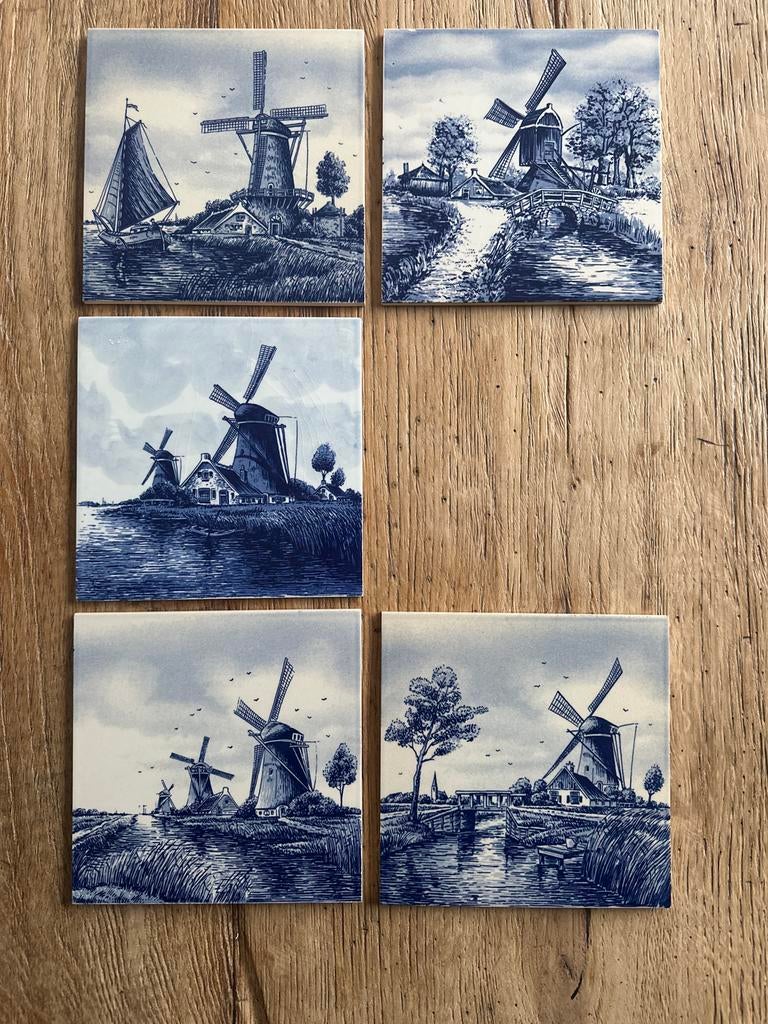 5 Delfts blauwe tegeltjes met molens, Antiek en Kunst, Antiek | Wandborden en Tegels, Ophalen