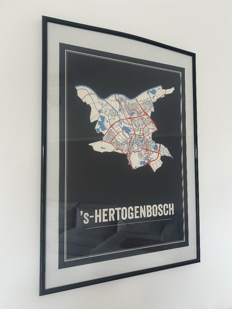 Grote ingelijste stadskaart Den Bosch – €50, Ophalen, Zo goed als nieuw, 125 cm of meer, Schilderij