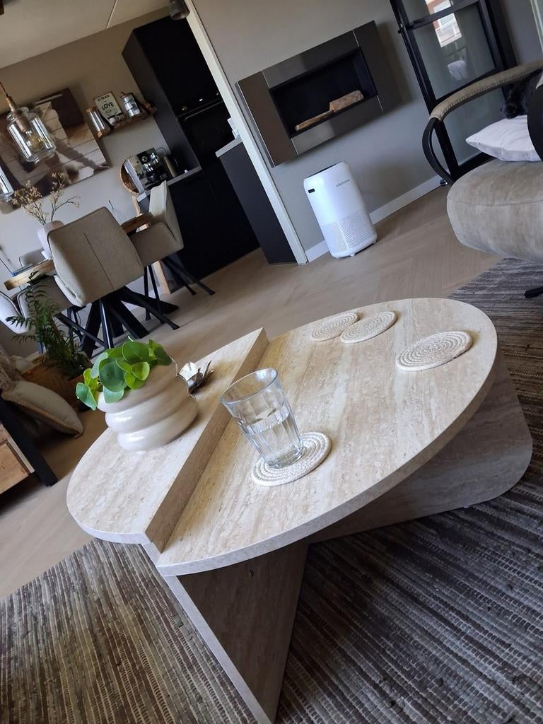 Houten salontafel met travertin opdruk, Ophalen, 50 tot 100 cm, Nieuw, 50 tot 100 cm